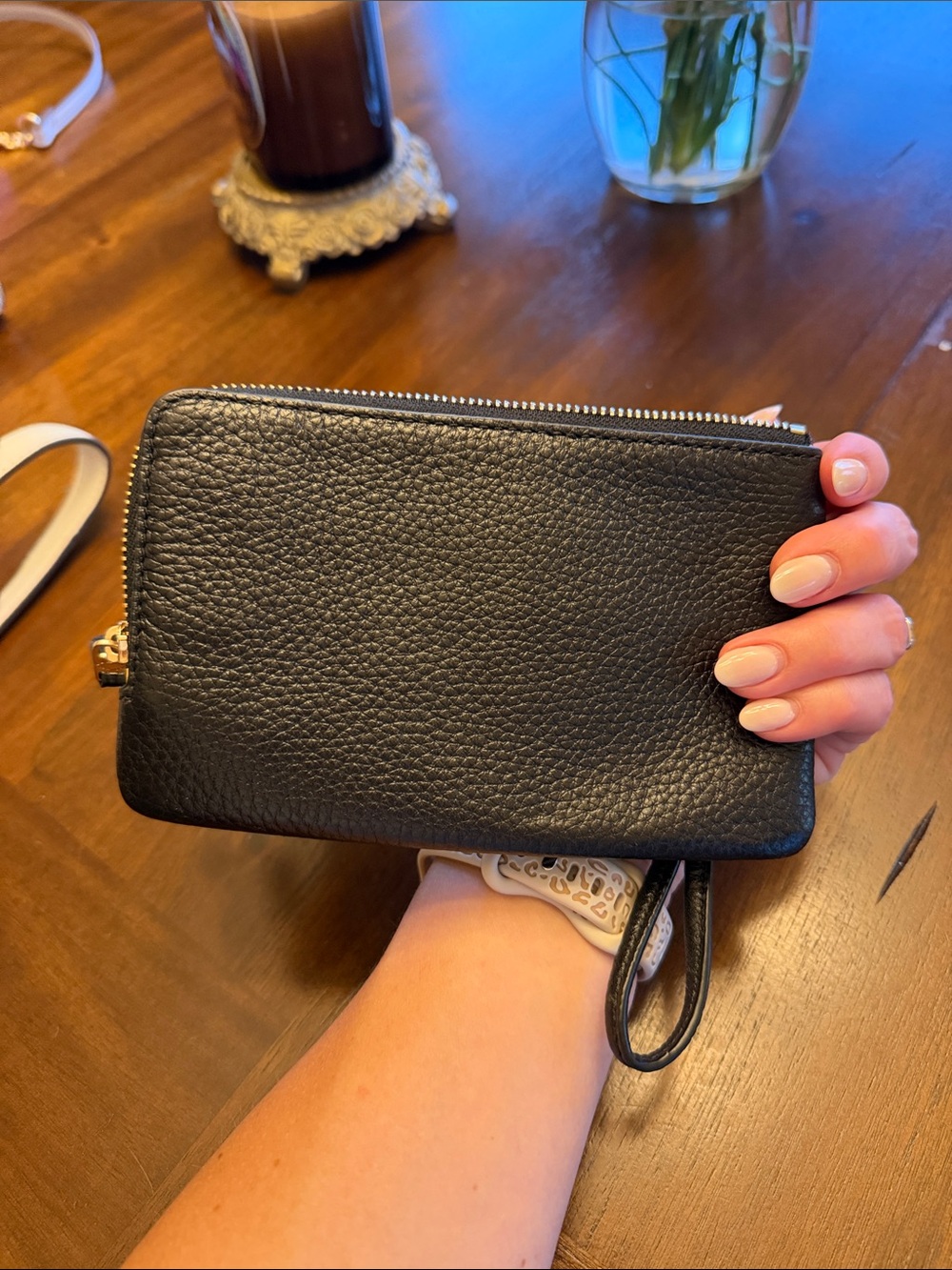 Coach Black Pebbled Leather Zip Wristlet with Gold Logo - Picture 3 of 3
